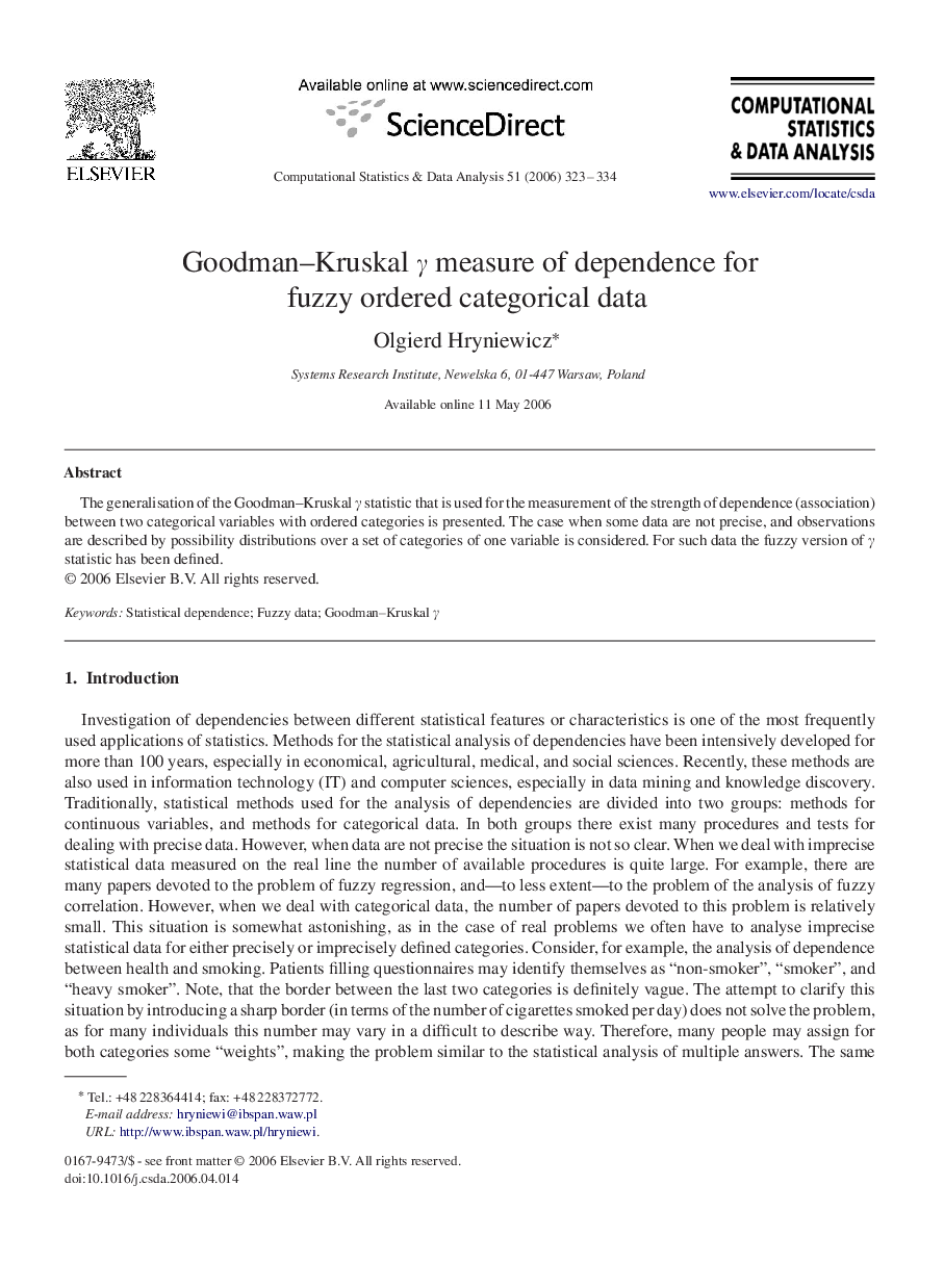 Goodman–Kruskal γγ measure of dependence for fuzzy ordered categorical data