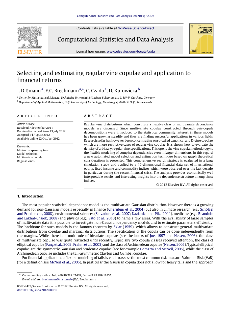 Selecting and estimating regular vine copulae and application to financial returns