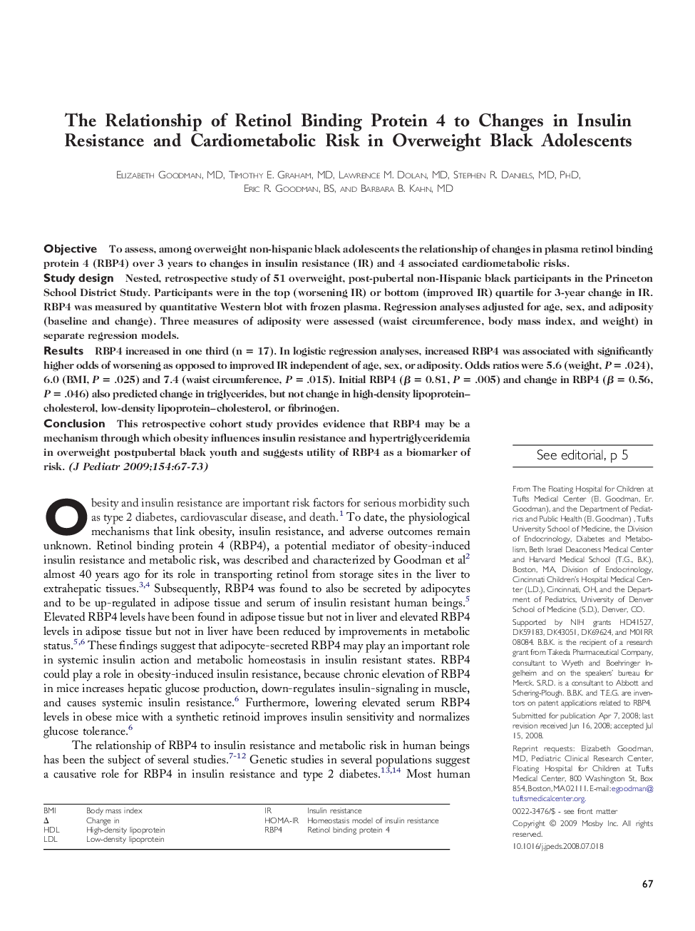 The Relationship of Retinol Binding Protein 4 to Changes in Insulin Resistance and Cardiometabolic Risk in Overweight Black Adolescents