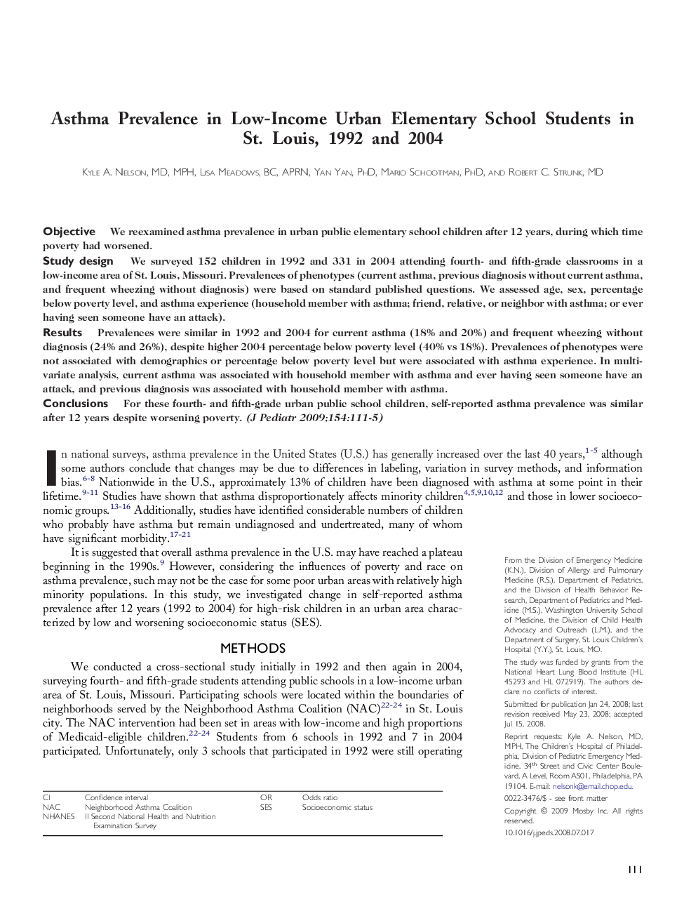 Asthma Prevalence in Low-Income Urban Elementary School Students in St. Louis, 1992 and 2004 