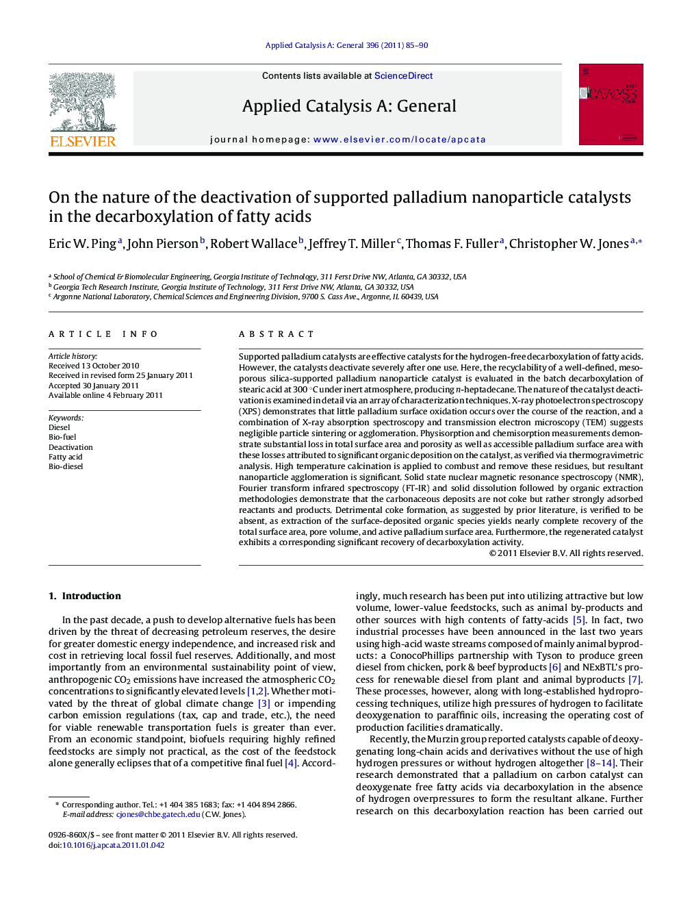 On the nature of the deactivation of supported palladium nanoparticle catalysts in the decarboxylation of fatty acids