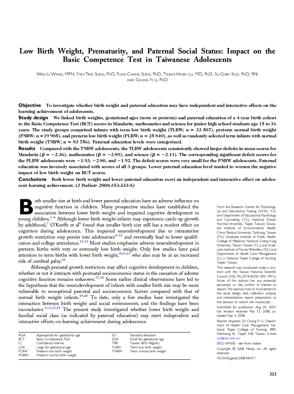 Low Birth Weight, Prematurity, and Paternal Social Status: Impact on the Basic Competence Test in Taiwanese Adolescents 