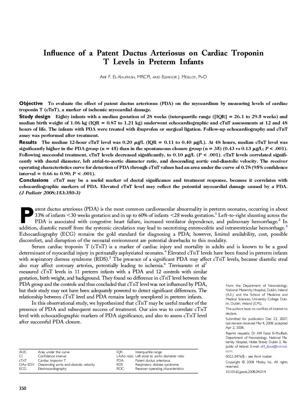Influence of a Patent Ductus Arteriosus on Cardiac Troponin T Levels in Preterm Infants