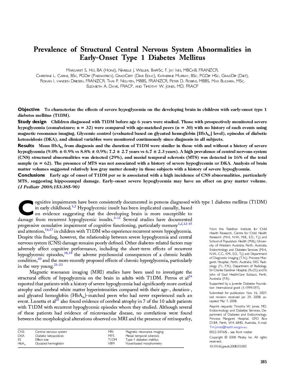 Prevalence of Structural Central Nervous System Abnormalities in Early-Onset Type 1 Diabetes Mellitus 