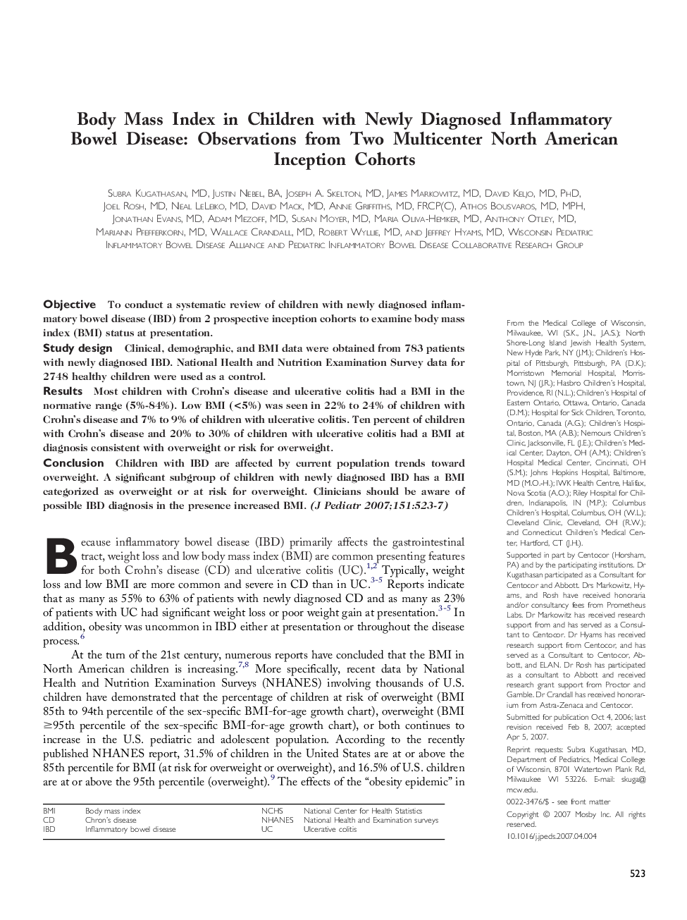 Body Mass Index in Children with Newly Diagnosed Inflammatory Bowel Disease: Observations from Two Multicenter North American Inception Cohorts 