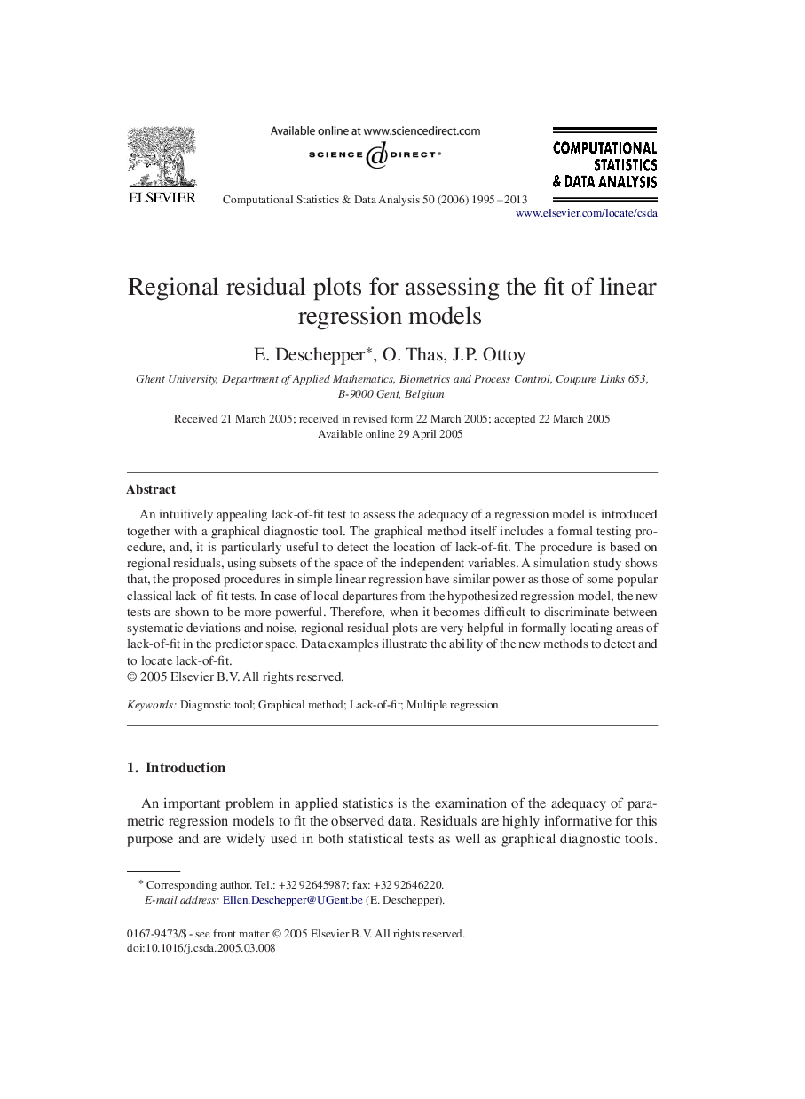 عکس صفحه اول مقاله: Regional residual plots for assessing the fit of linear regression models Regional residual plots for assessing the fit of linear regression models