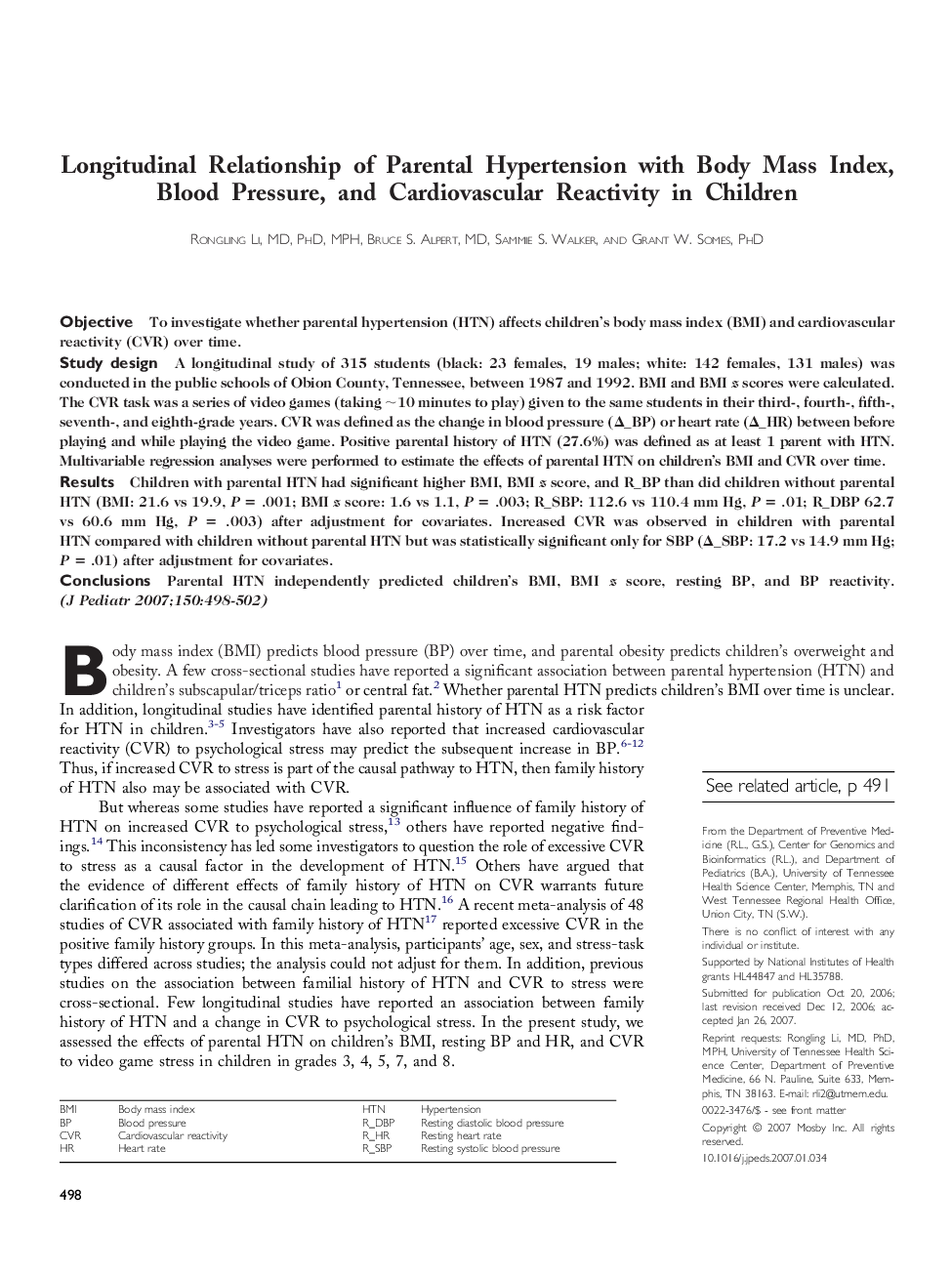 Longitudinal Relationship of Parental Hypertension with Body Mass Index, Blood Pressure, and Cardiovascular Reactivity in Children 