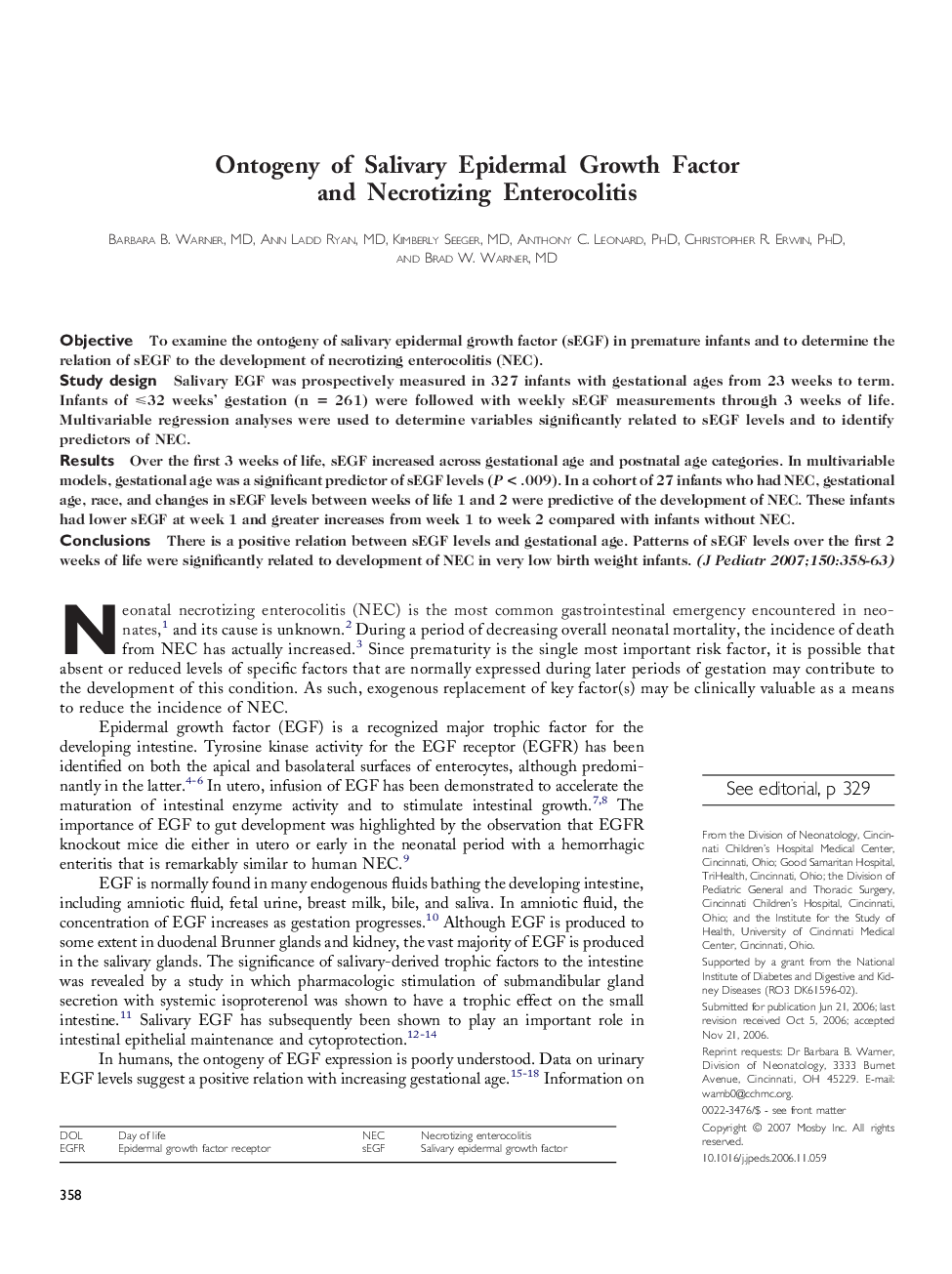 Ontogeny of Salivary Epidermal Growth Factor and Necrotizing Enterocolitis 