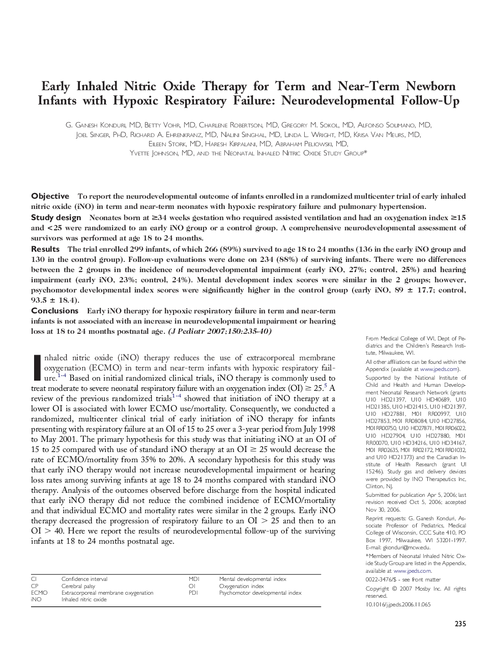 Early Inhaled Nitric Oxide Therapy for Term and Near-Term Newborn Infants with Hypoxic Respiratory Failure: Neurodevelopmental Follow-Up