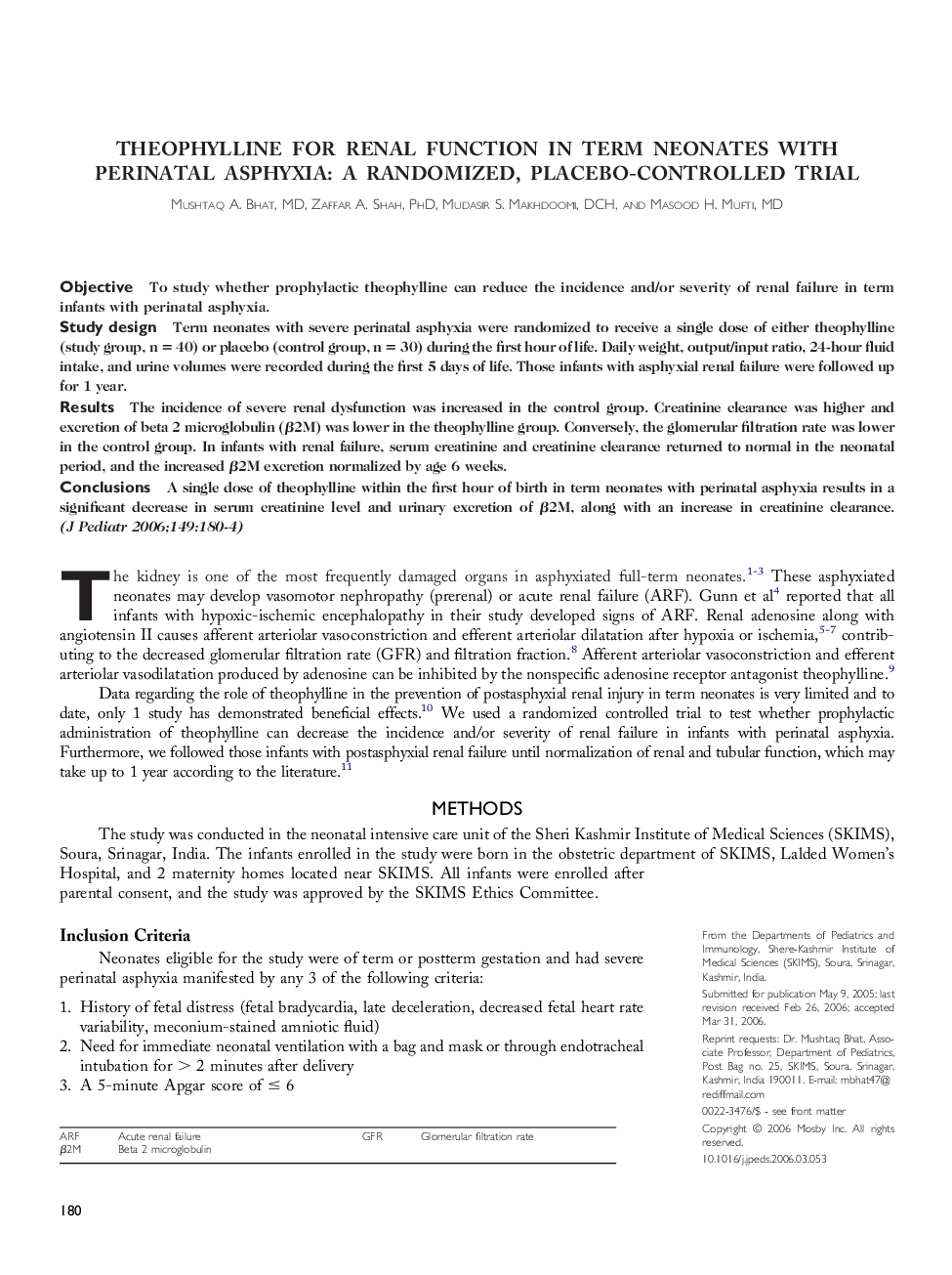 Theophylline for renal function in term neonates with perinatal asphyxia: A randomized, placebo-controlled trial