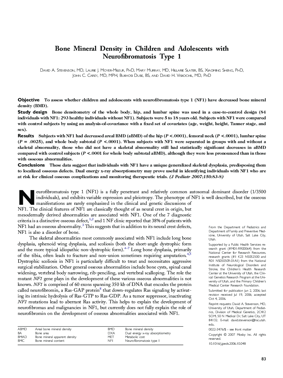 Bone Mineral Density in Children and Adolescents with Neurofibromatosis Type 1 