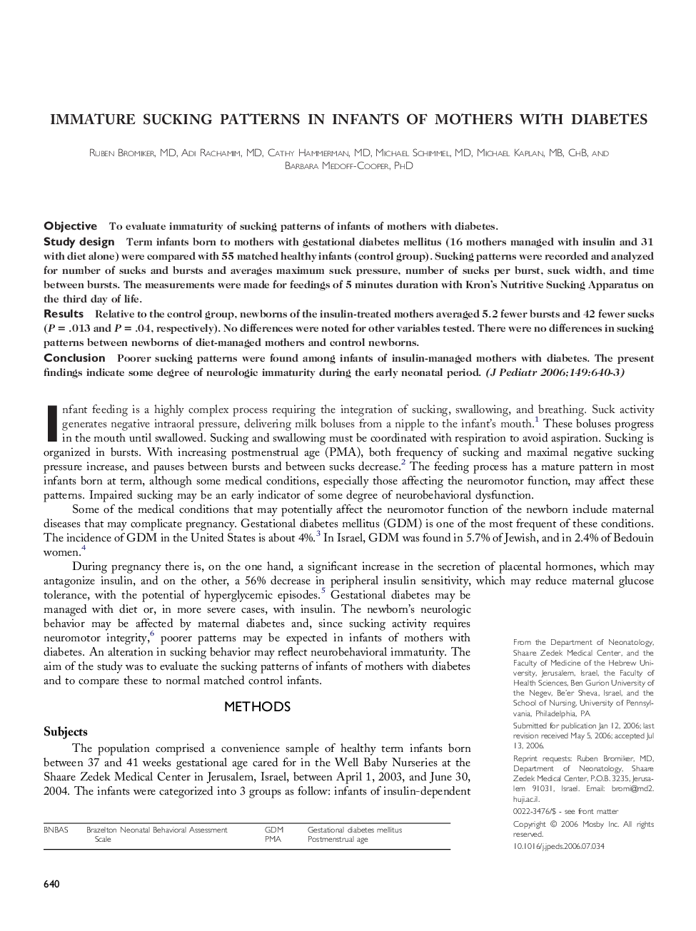 Immature sucking patterns in infants of mothers with diabetes