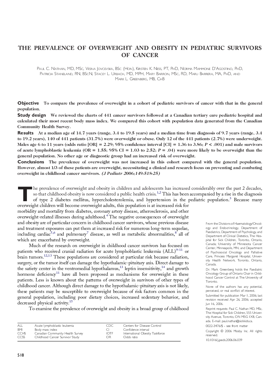 The prevalence of overweight and obesity in pediatric survivors of cancer