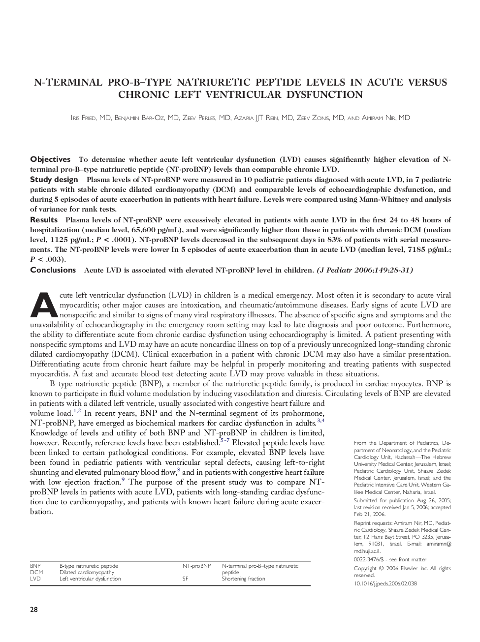 N-terminal pro-B–type natriuretic peptide levels in acute versus chronic left ventricular dysfunction