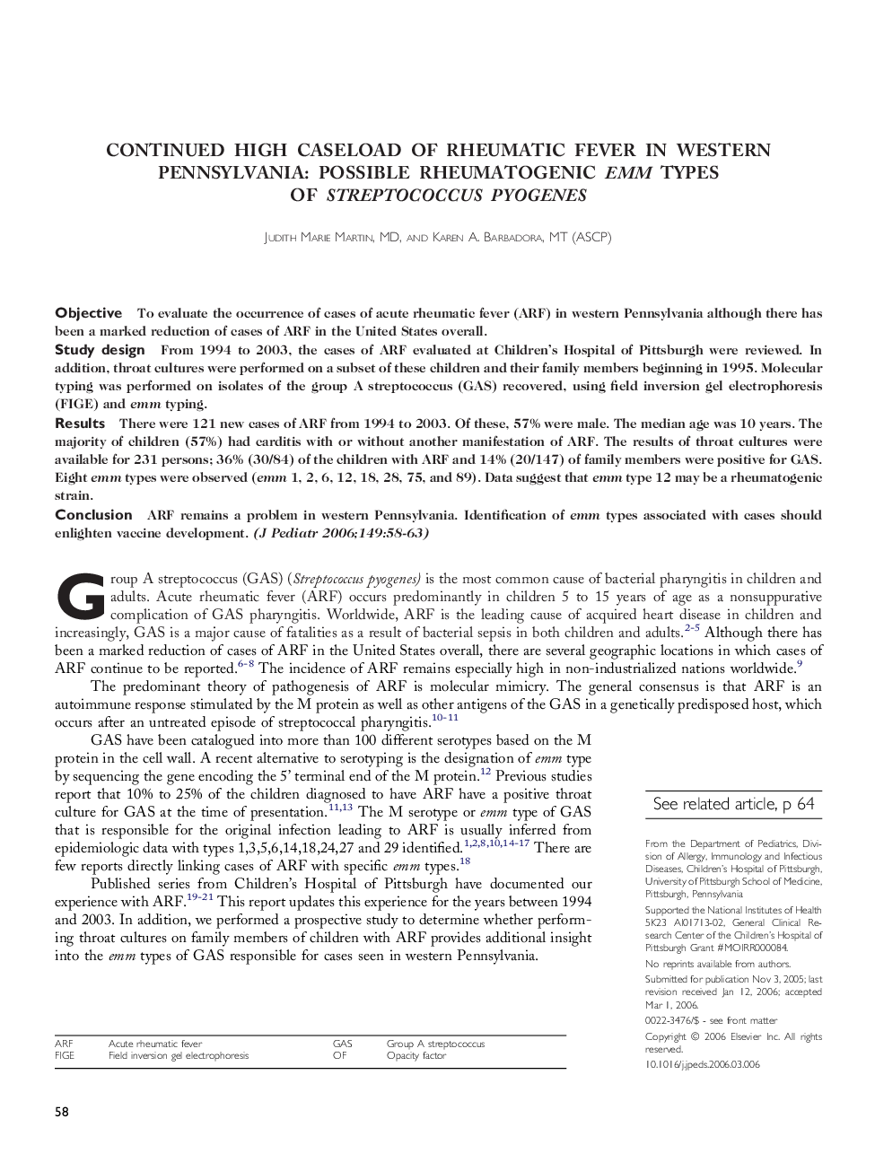 Continued high caseload of rheumatic fever in western Pennsylvania: Possible rheumatogenic emm types of streptococcus pyogenes 