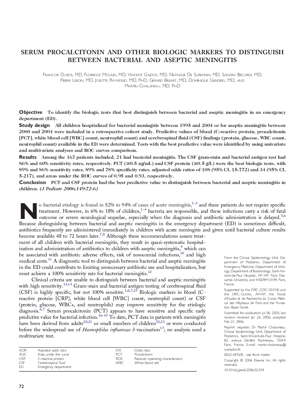 Serum procalcitonin and other biologic markers to distinguish between bacterial and aseptic meningitis 