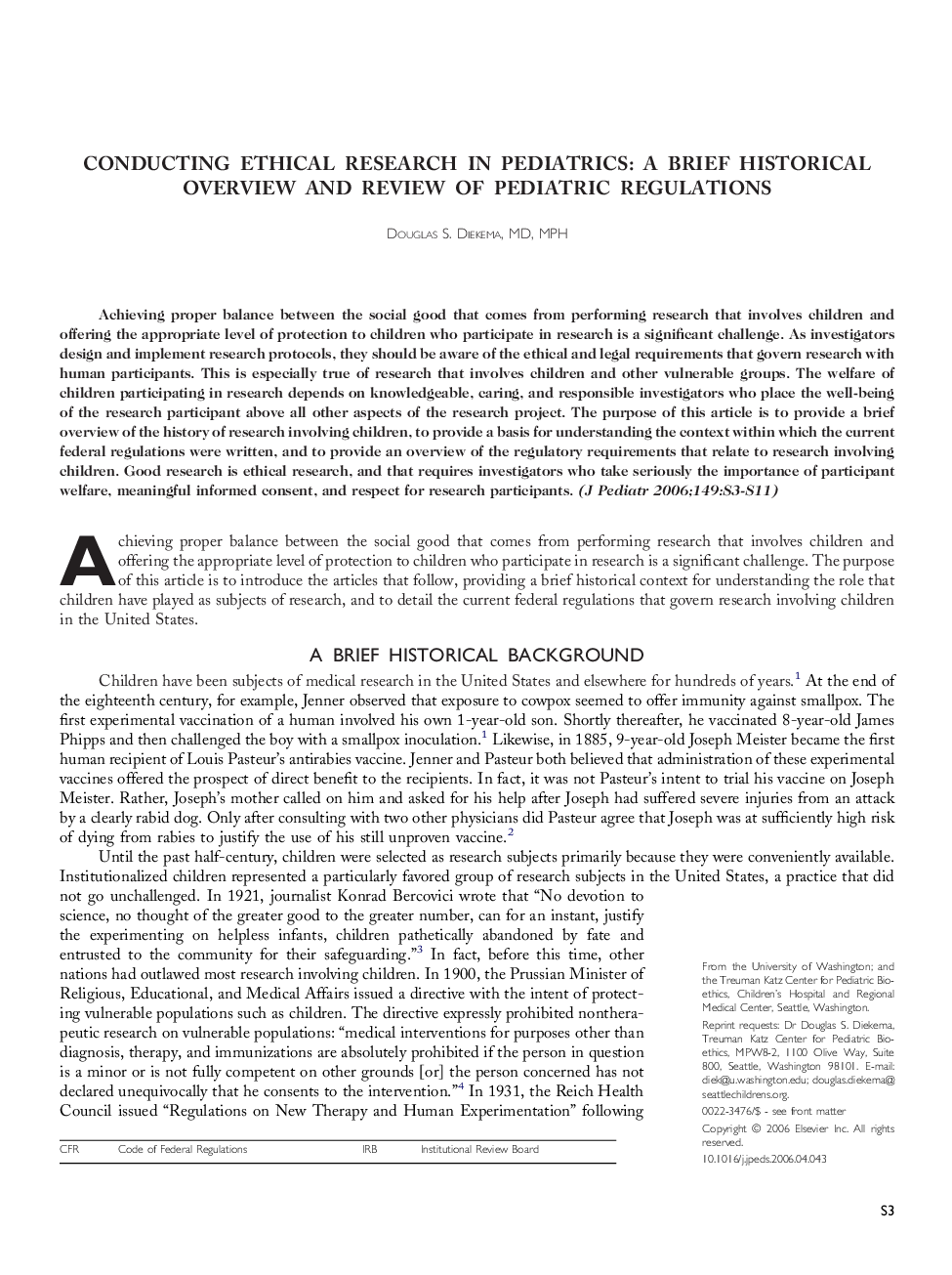 Conducting ethical research in pediatrics: A brief historical overview and review of pediatric regulations