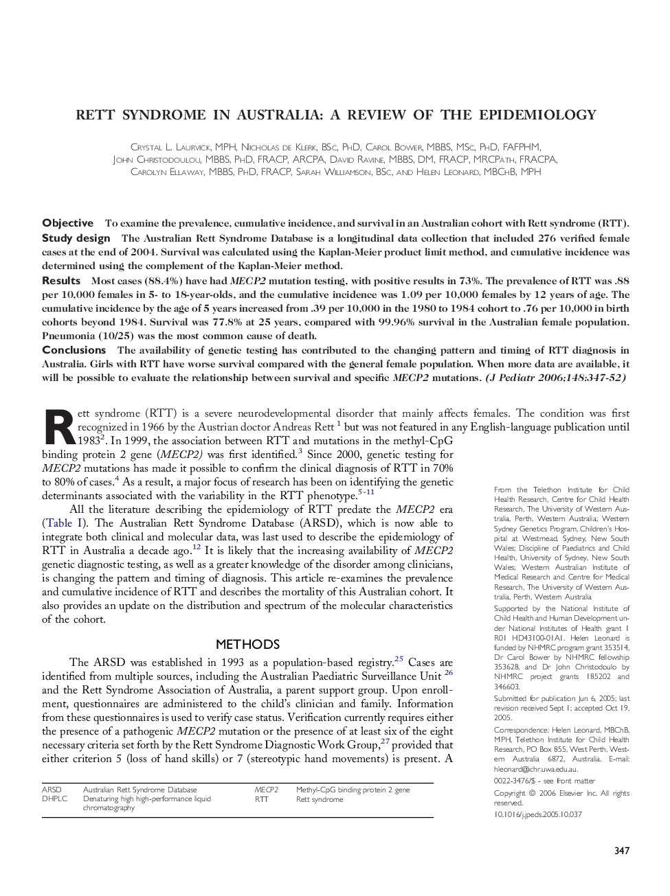 Rett syndrome in Australia: A review of the epidemiology 