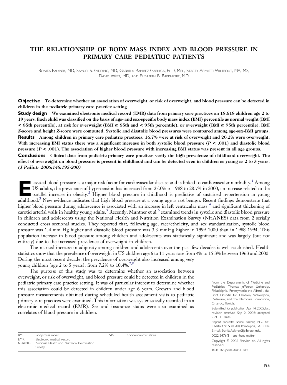 The relationship of body mass index and blood pressure in primary care pediatric patients