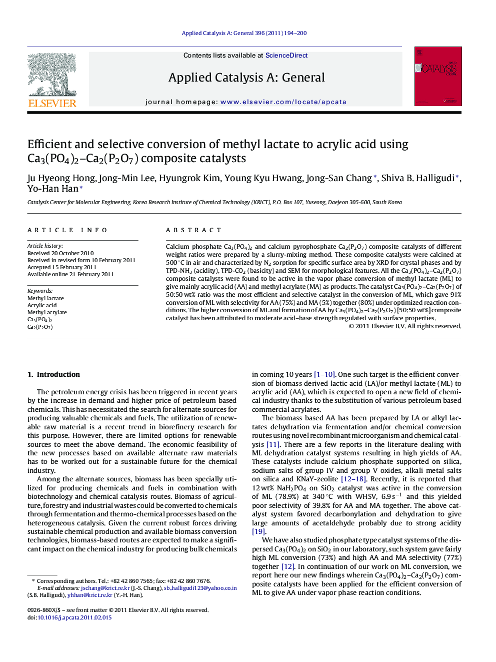 Efficient and selective conversion of methyl lactate to acrylic acid using Ca3(PO4)2–Ca2(P2O7) composite catalysts