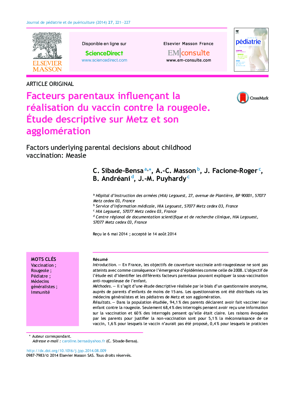 Facteurs parentaux influençant la réalisation du vaccin contre la rougeole. Étude descriptive sur Metz et son agglomération