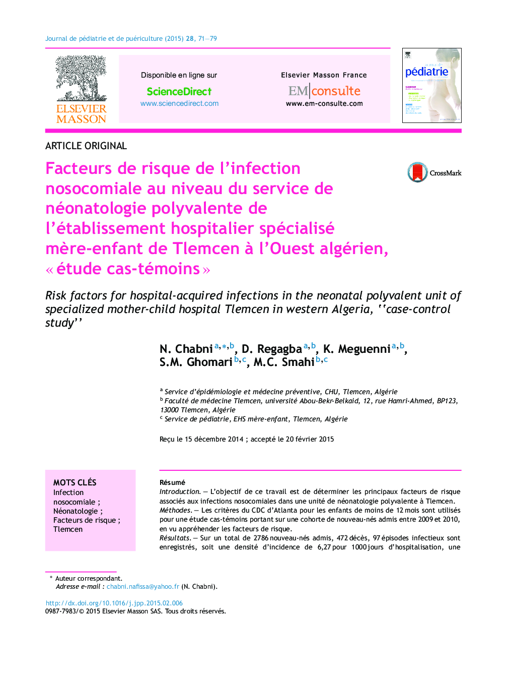 Facteurs de risque de l’infection nosocomiale au niveau du service de néonatologie polyvalente de l’établissement hospitalier spécialisé mère-enfant de Tlemcen à l’Ouest algérien, « étude cas-témoins »