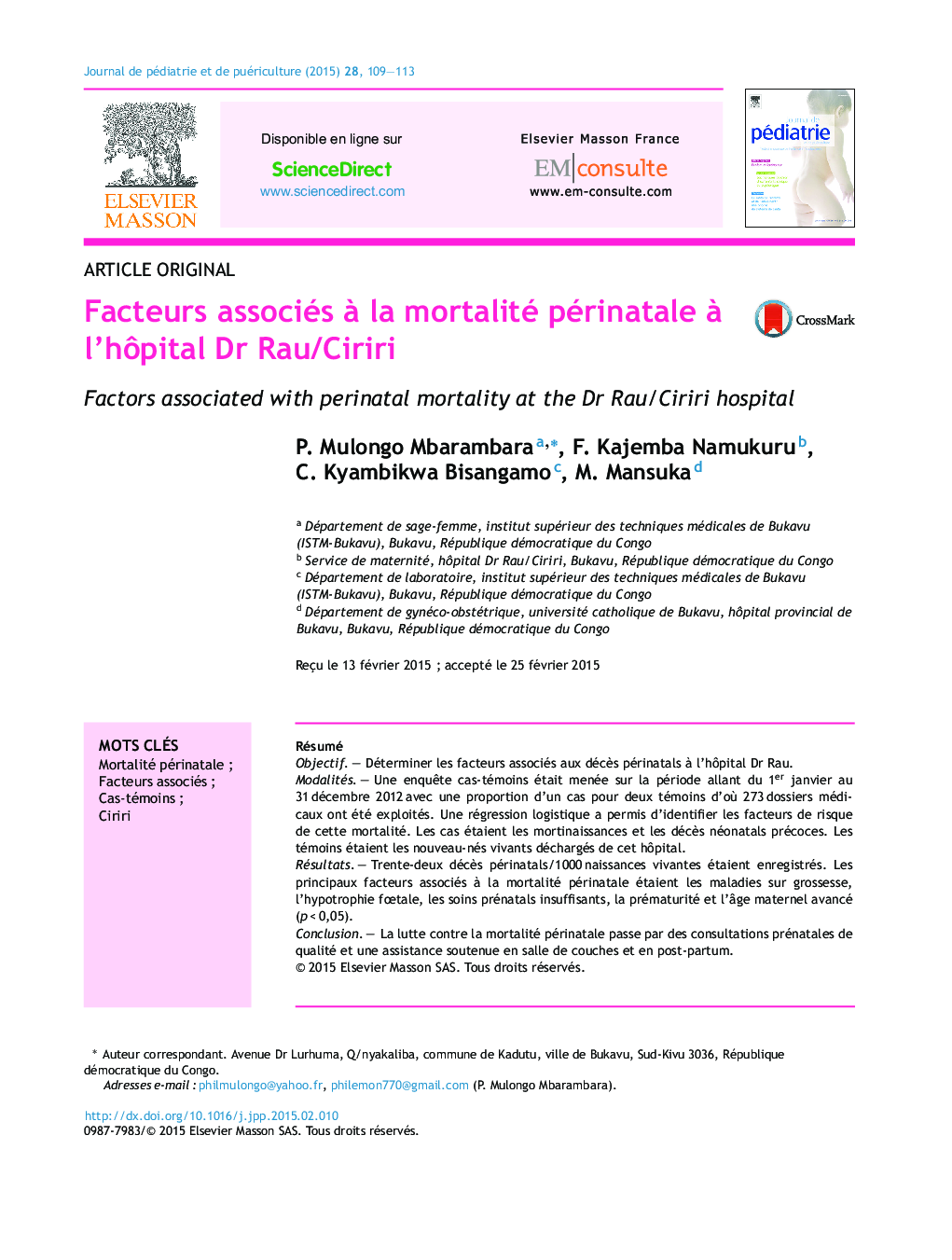 Facteurs associés à la mortalité périnatale à l’hôpital Dr Rau/Ciriri