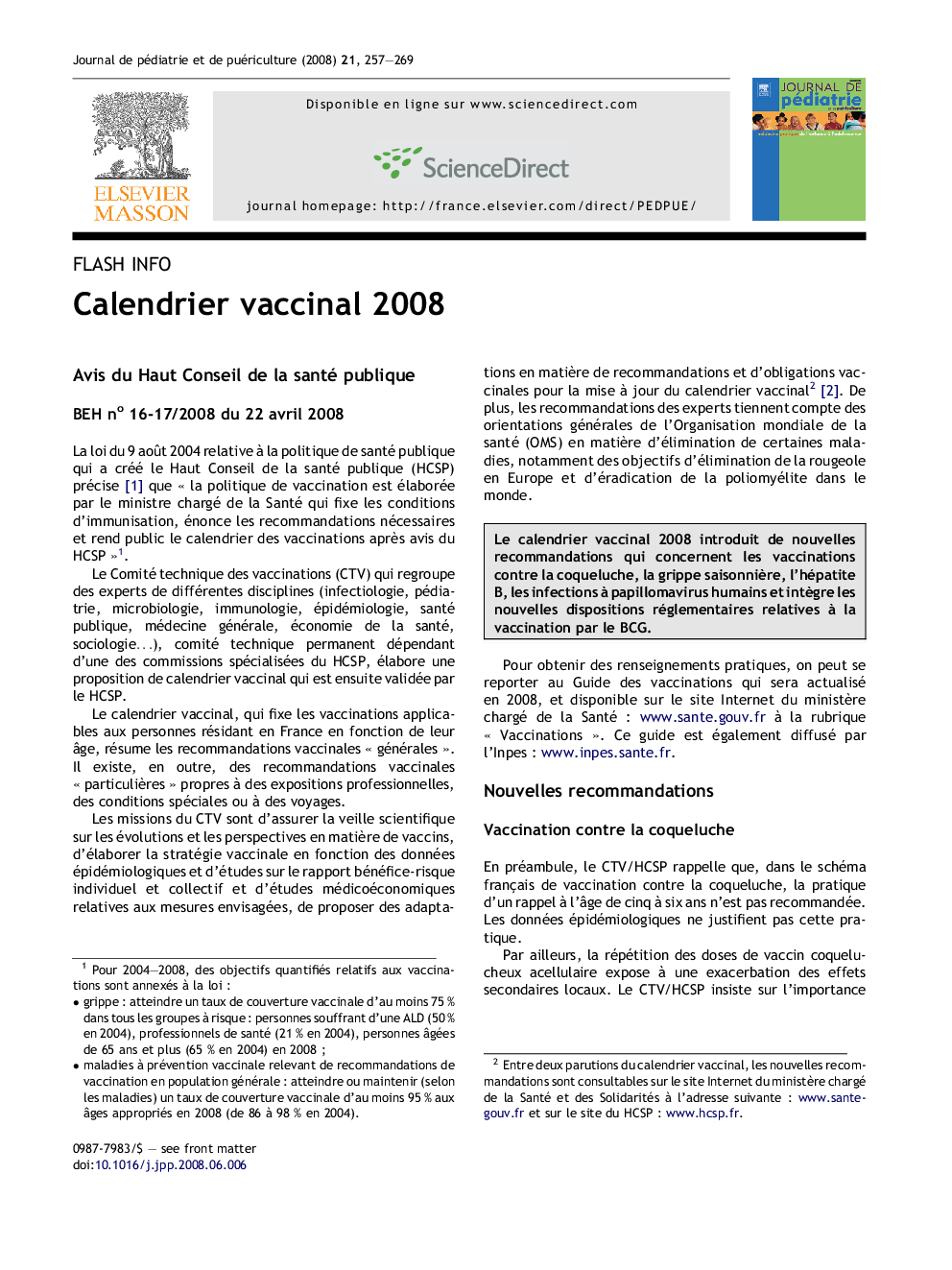 Calendrier vaccinal 2008