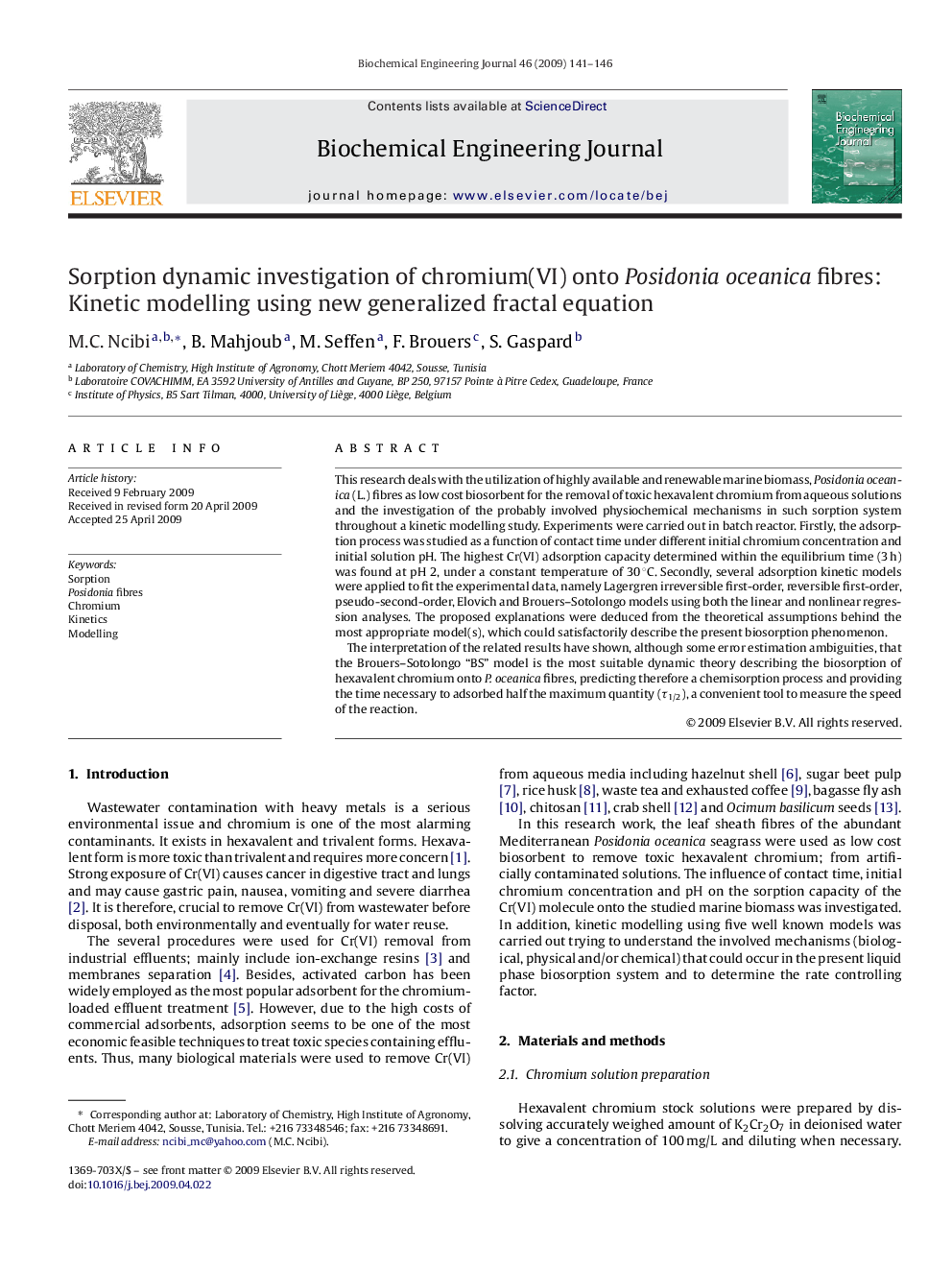 Sorption dynamic investigation of chromium(VI) onto Posidonia oceanica fibres: Kinetic modelling using new generalized fractal equation