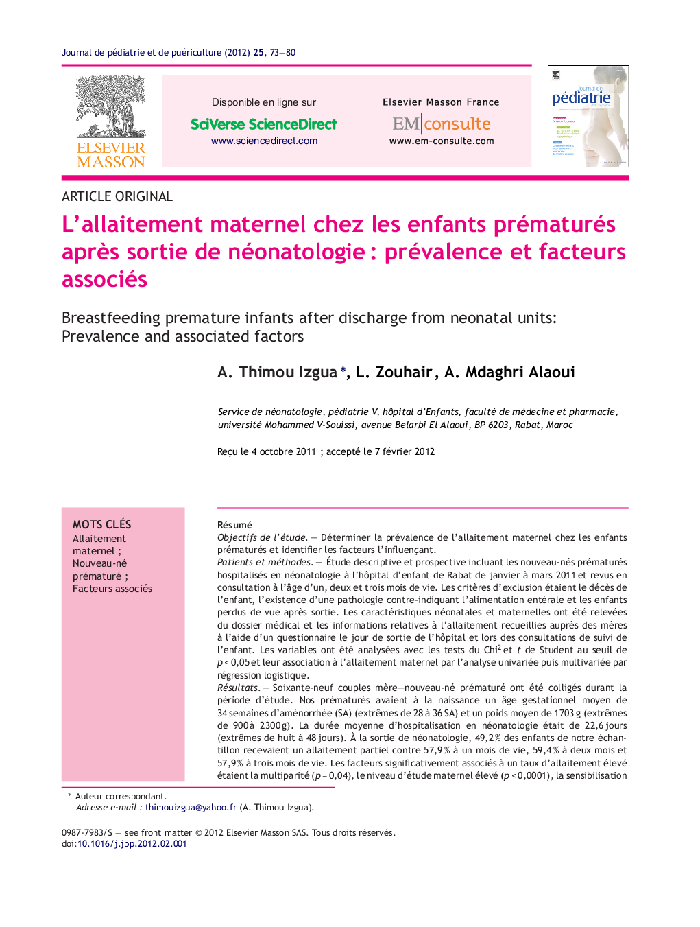 L’allaitement maternel chez les enfants prématurés après sortie de néonatologie : prévalence et facteurs associés