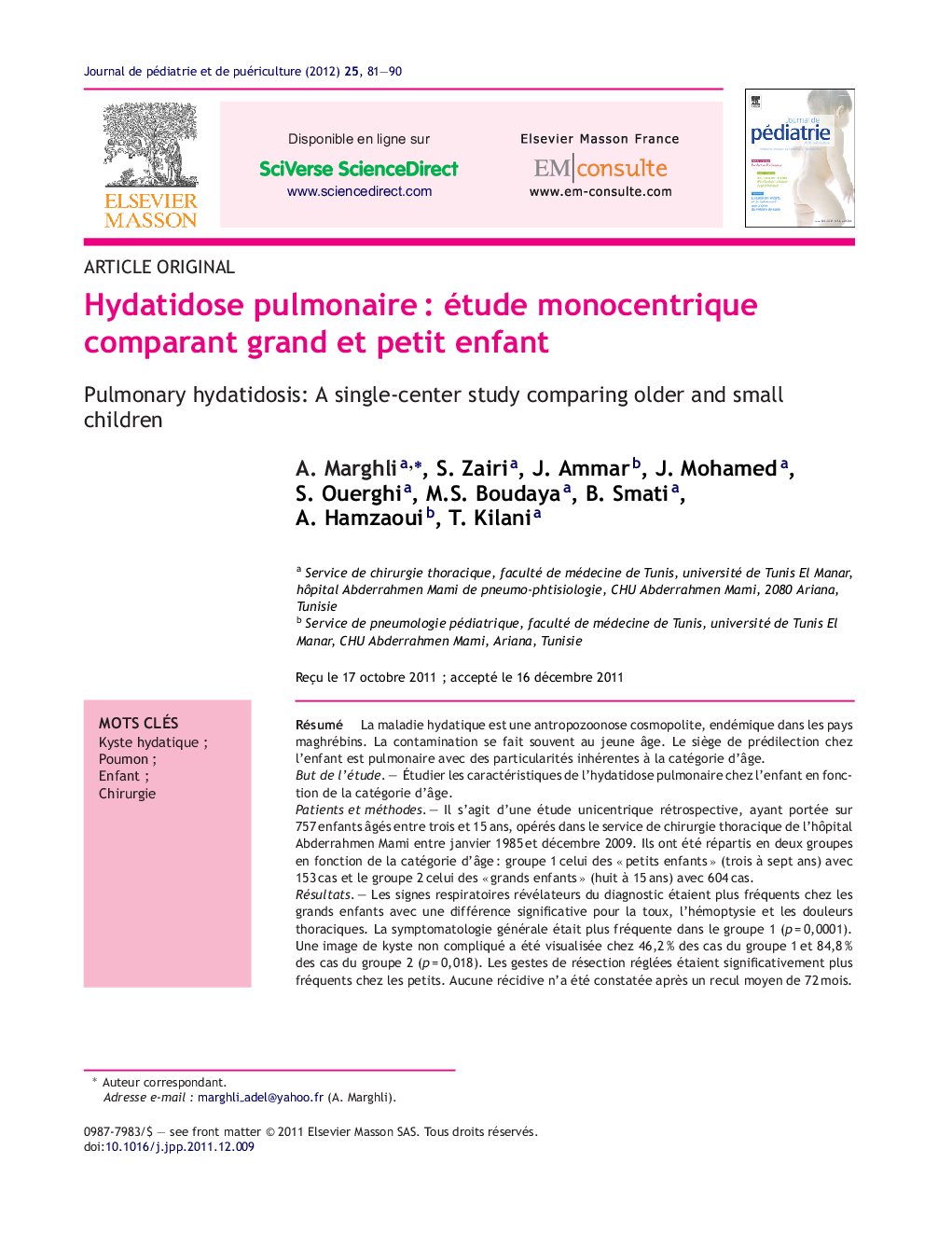 Hydatidose pulmonaire : étude monocentrique comparant grand et petit enfant