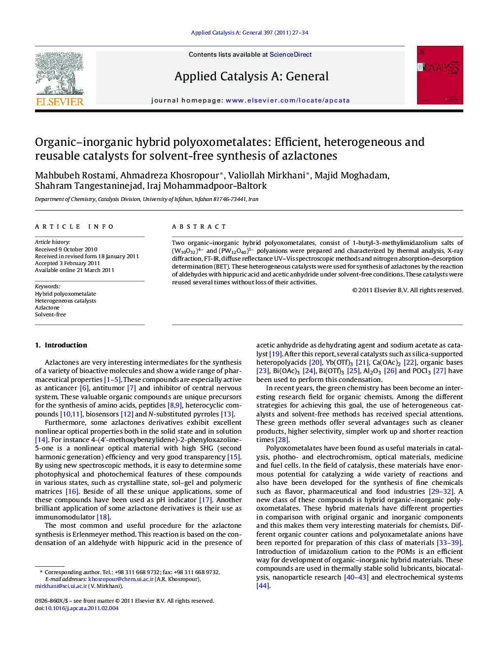 Organic–inorganic hybrid polyoxometalates: Efficient, heterogeneous and reusable catalysts for solvent-free synthesis of azlactones