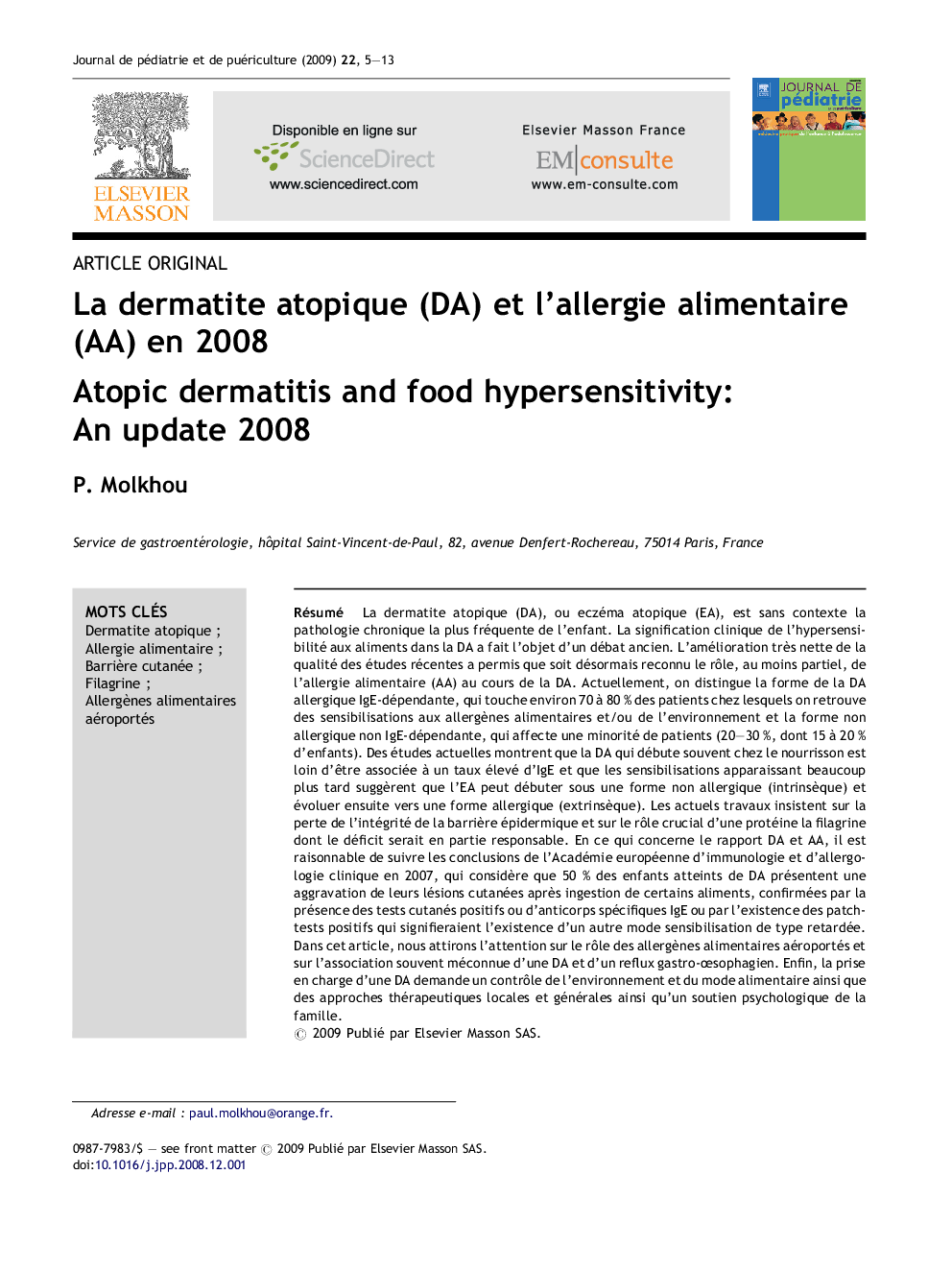 La dermatite atopique (DA) et l’allergie alimentaire (AA) en 2008