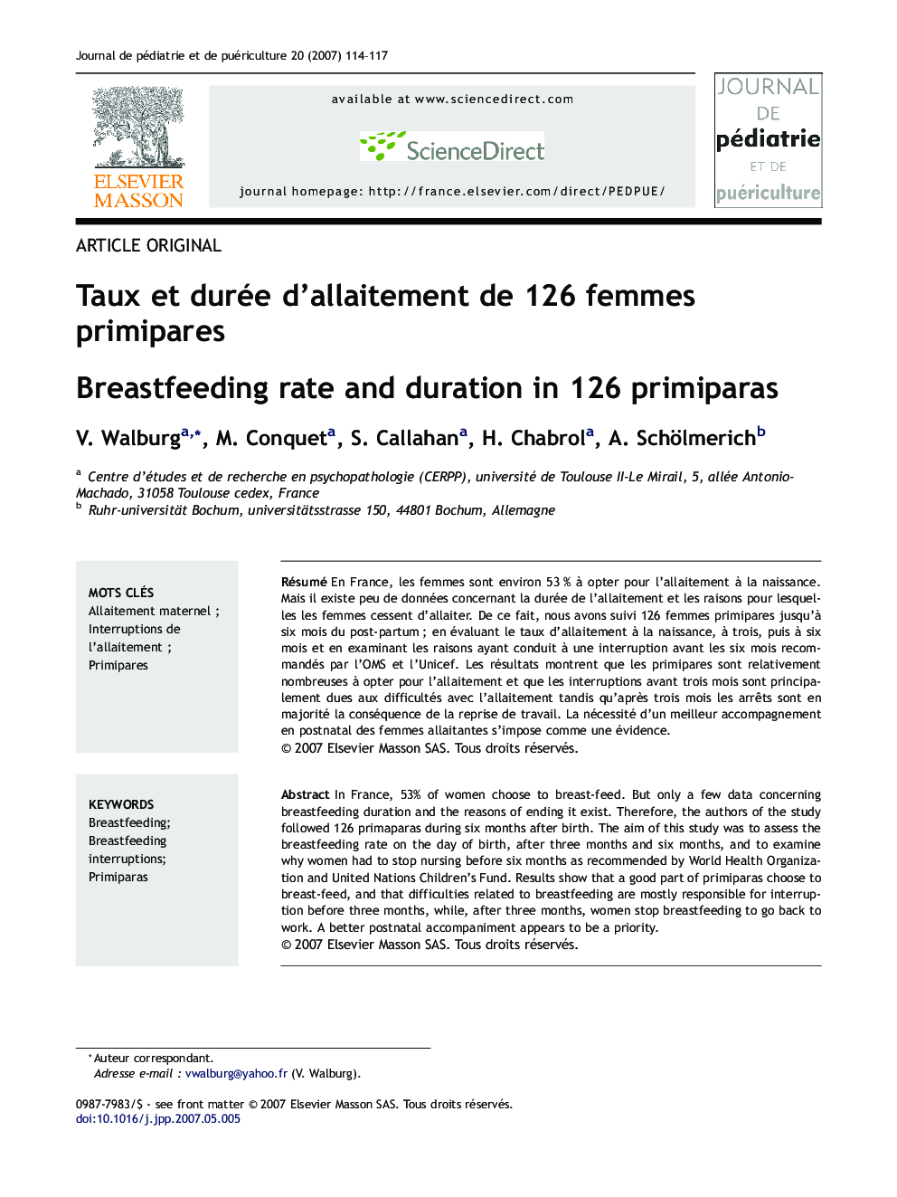 Taux et durée d'allaitement de 126 femmes primipares