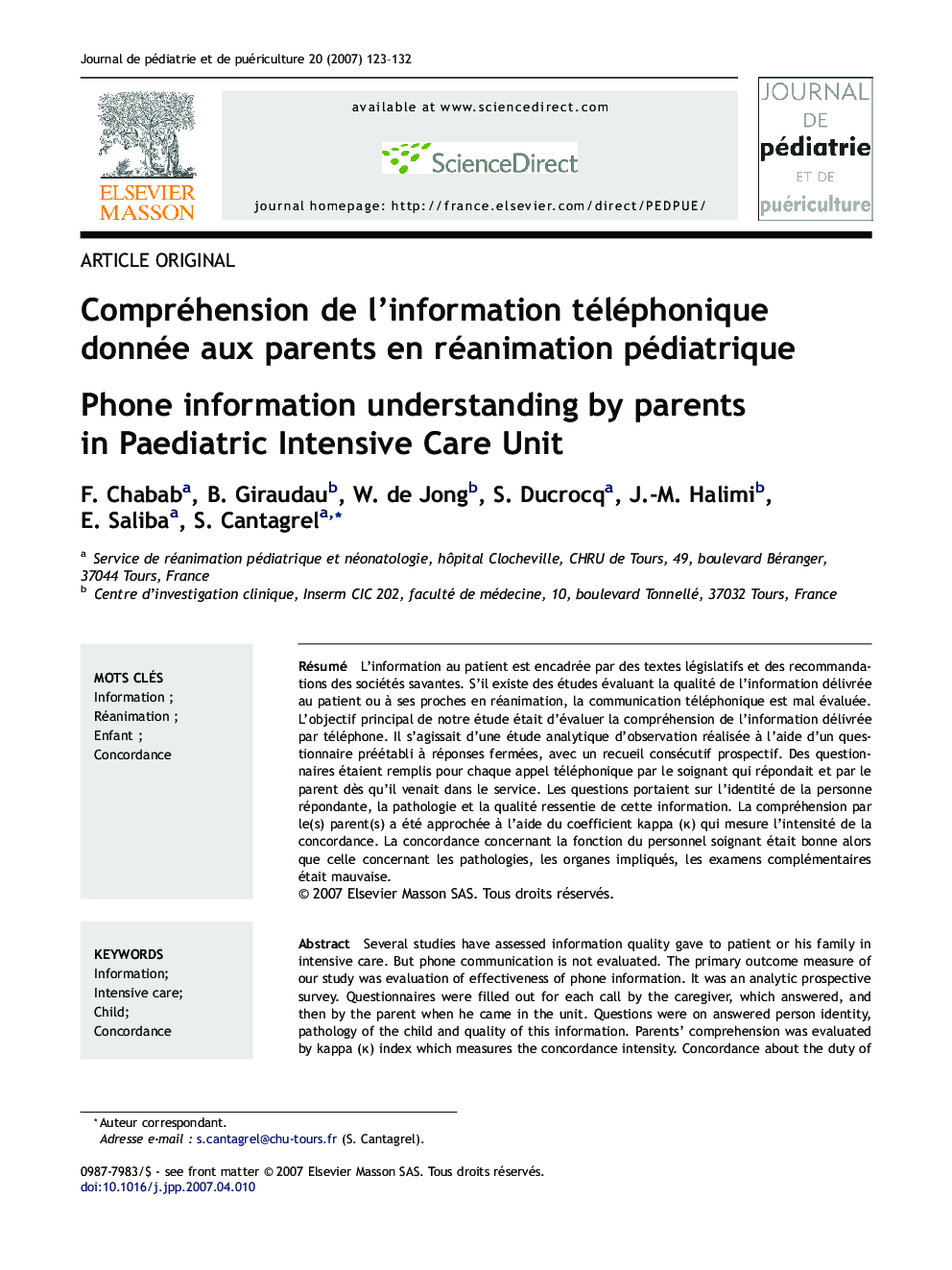 Compréhension de l'information téléphonique donnée aux parents en réanimation pédiatrique