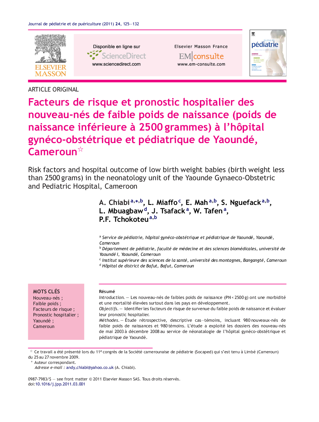 Facteurs de risque et pronostic hospitalier des nouveau-nés de faible poids de naissance (poids de naissance inférieure à 2500 grammes) à l’hôpital gynéco-obstétrique et pédiatrique de Yaoundé, Cameroun 