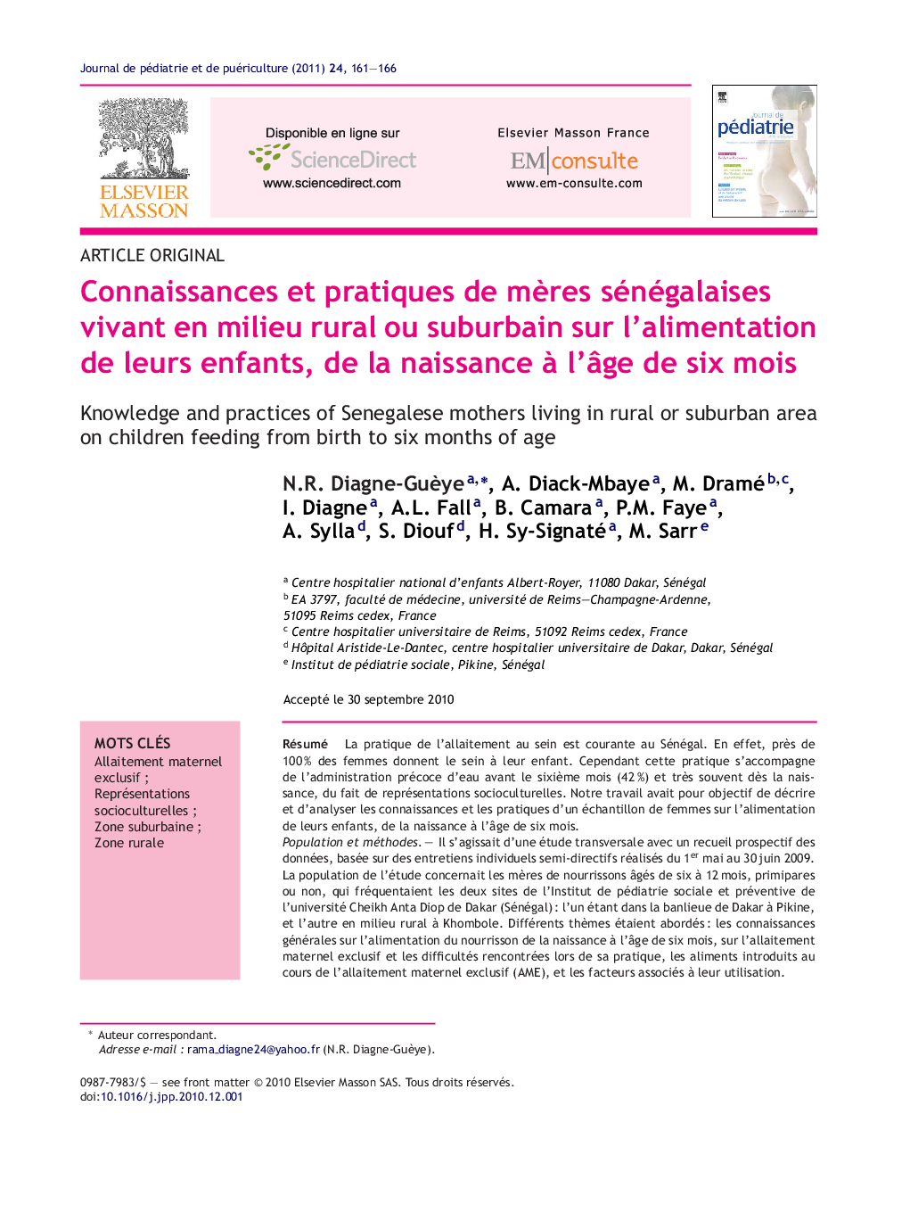 Connaissances et pratiques de mères sénégalaises vivant en milieu rural ou suburbain sur l’alimentation de leurs enfants, de la naissance à l’âge de six mois