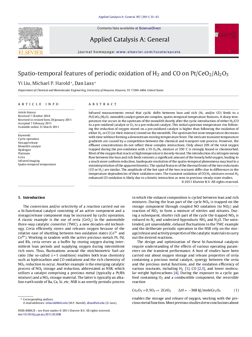 Spatio-temporal features of periodic oxidation of H2 and CO on Pt/CeO2/Al2O3