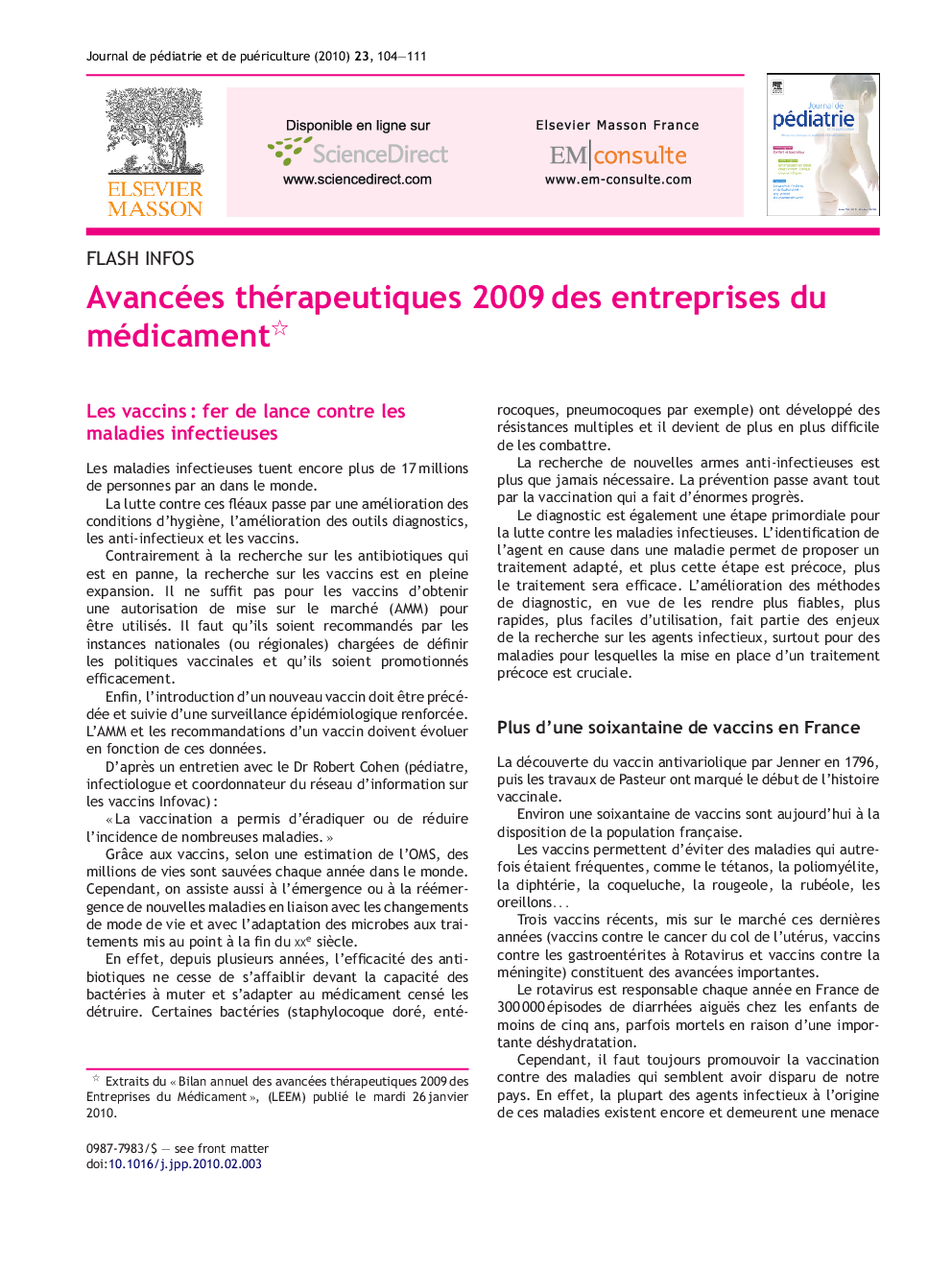 Avancées thérapeutiques 2009 des Entreprises du médicament