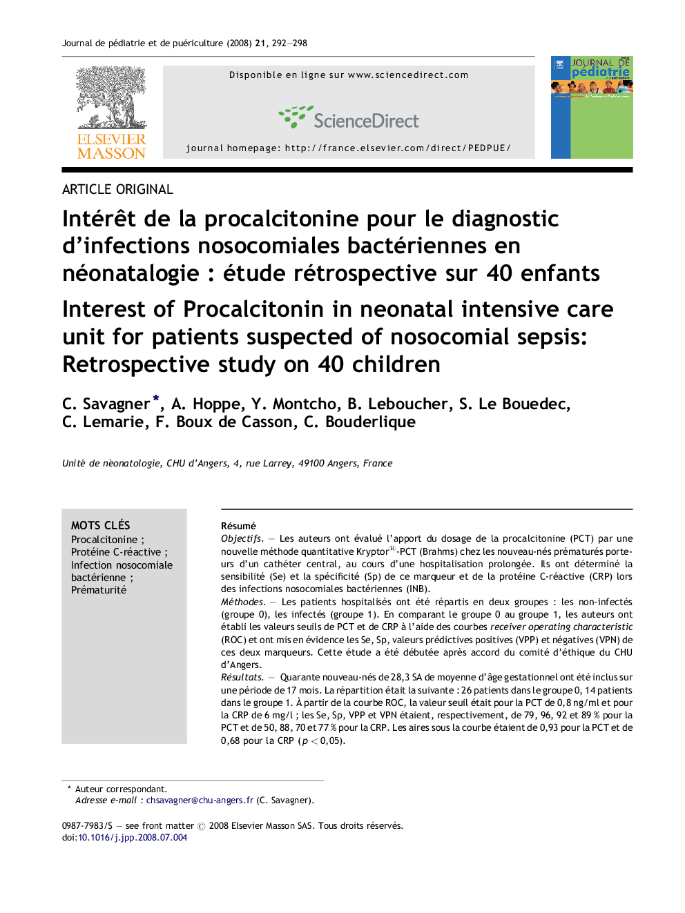 Intérêt de la procalcitonine pour le diagnostic d’infections nosocomiales bactériennes en néonatalogie : étude rétrospective sur 40 enfants