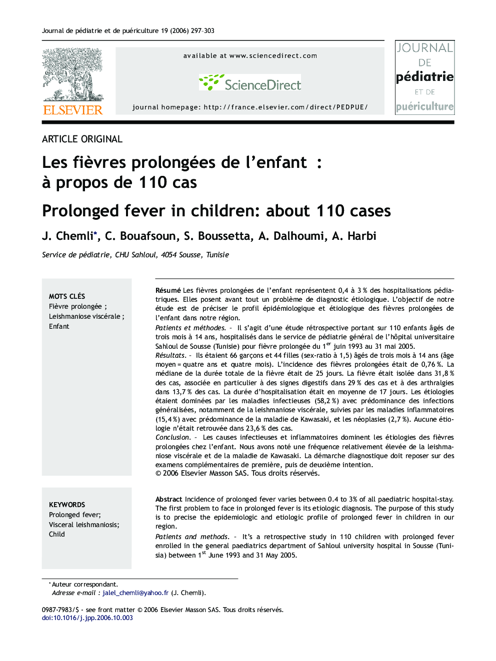 Les fièvres prolongées de l'enfant  : à propos de 110 cas