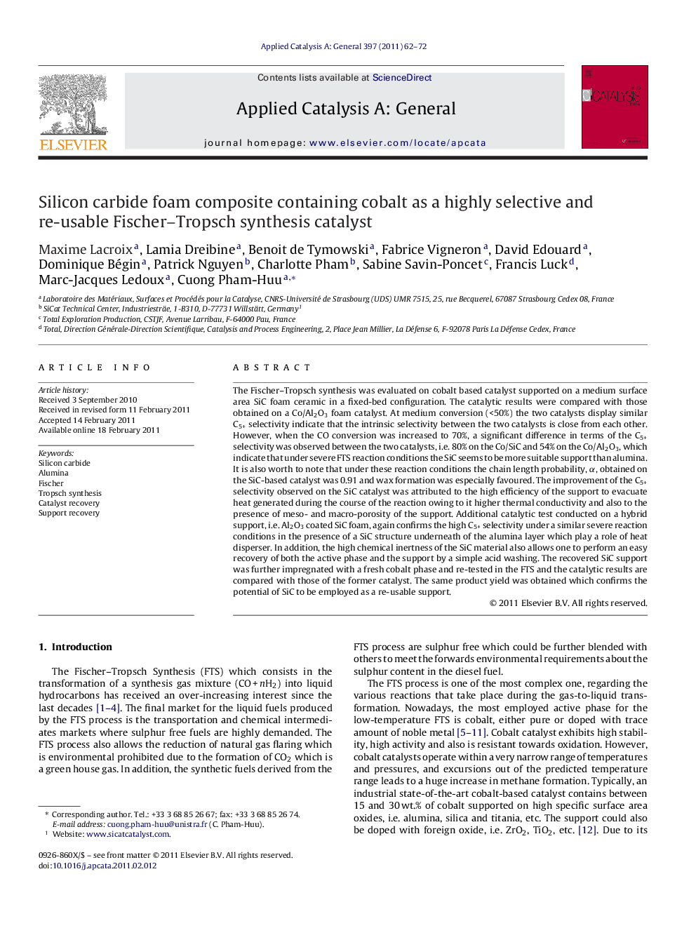 Silicon carbide foam composite containing cobalt as a highly selective and re-usable Fischer–Tropsch synthesis catalyst