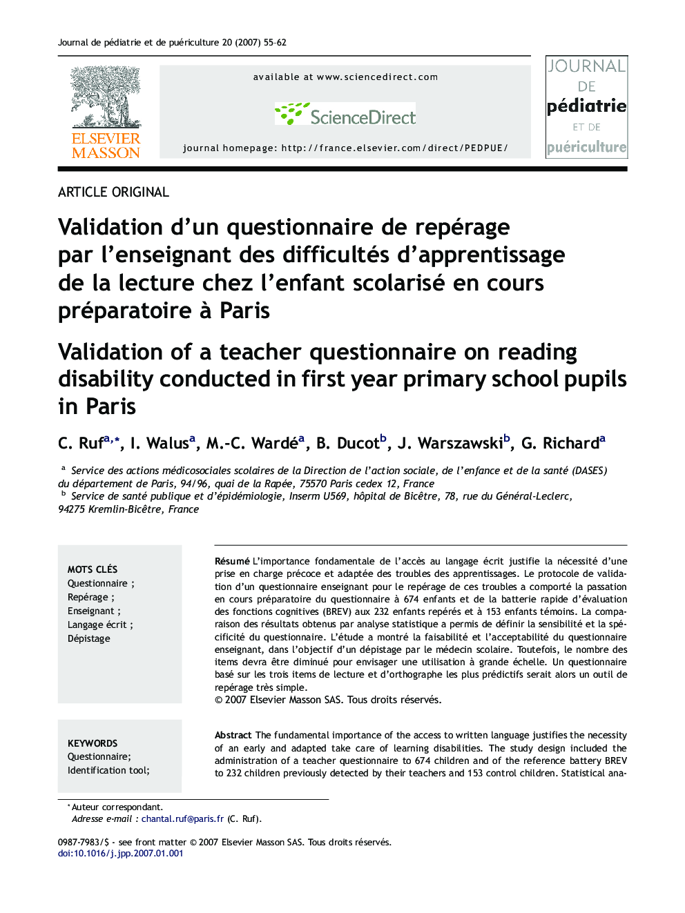 Validation d'un questionnaire de repérage par l'enseignant des difficultés d'apprentissage de la lecture chez l'enfant scolarisé en cours préparatoire à Paris