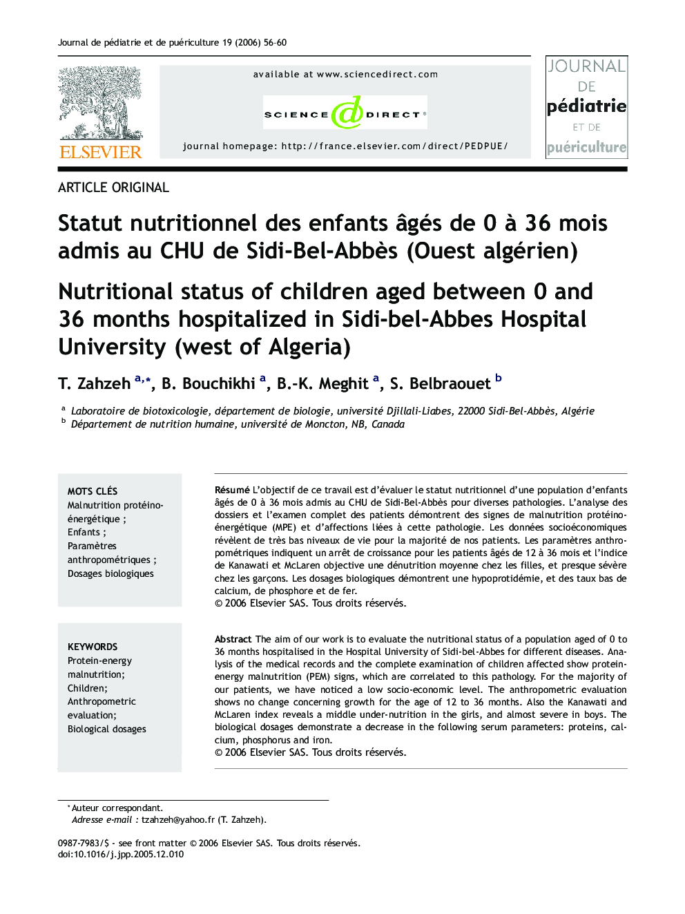 Statut nutritionnel desÂ enfants Ã¢gés deÂ 0 Ã Â 36Â mois admis auÂ CHU deÂ Sidi-Bel-AbbÃ¨s (Ouest algérien)