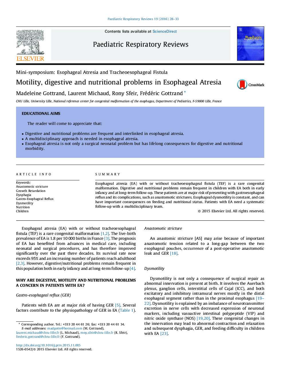 Motility, digestive and nutritional problems in Esophageal Atresia