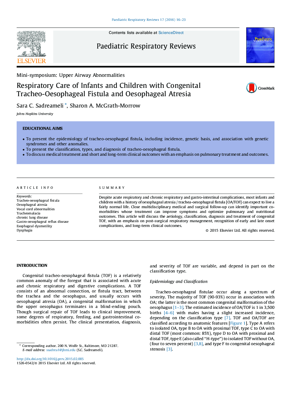 Respiratory Care of Infants and Children with Congenital Tracheo-Oesophageal Fistula and Oesophageal Atresia