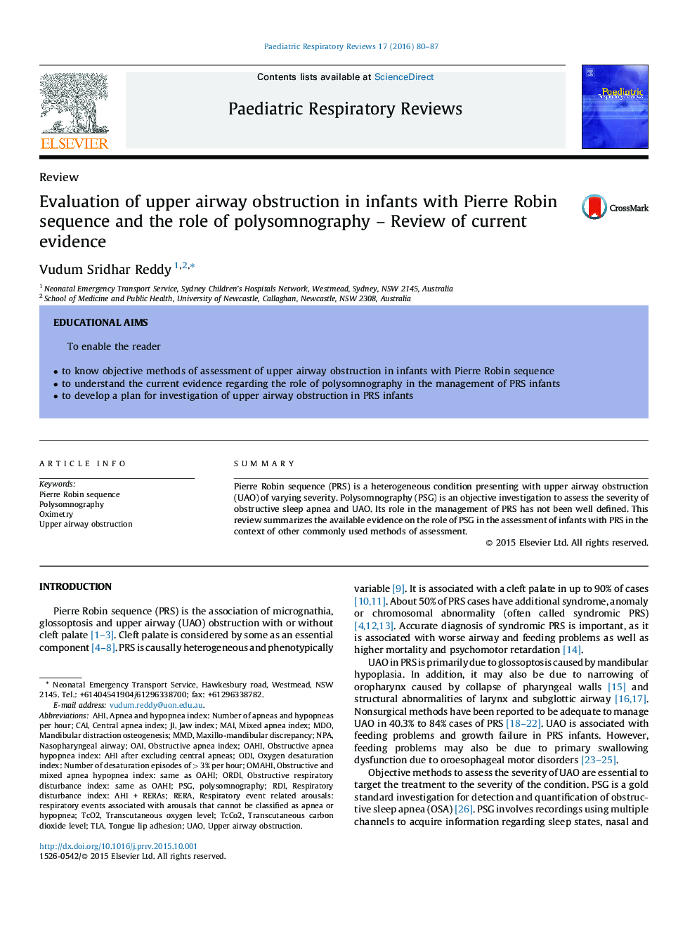 Evaluation of upper airway obstruction in infants with Pierre Robin sequence and the role of polysomnography – Review of current evidence