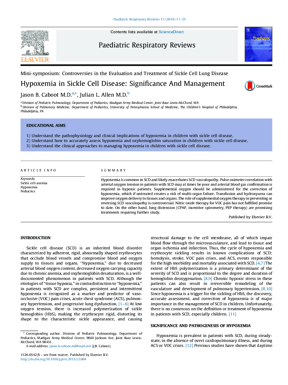 Hypoxemia in Sickle Cell Disease: Significance And Management