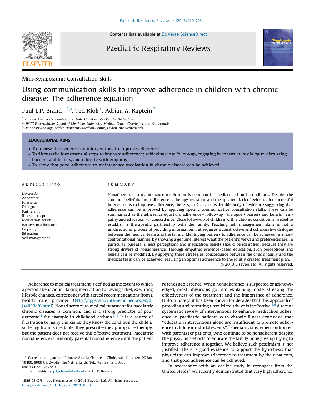 Using communication skills to improve adherence in children with chronic disease: The adherence equation