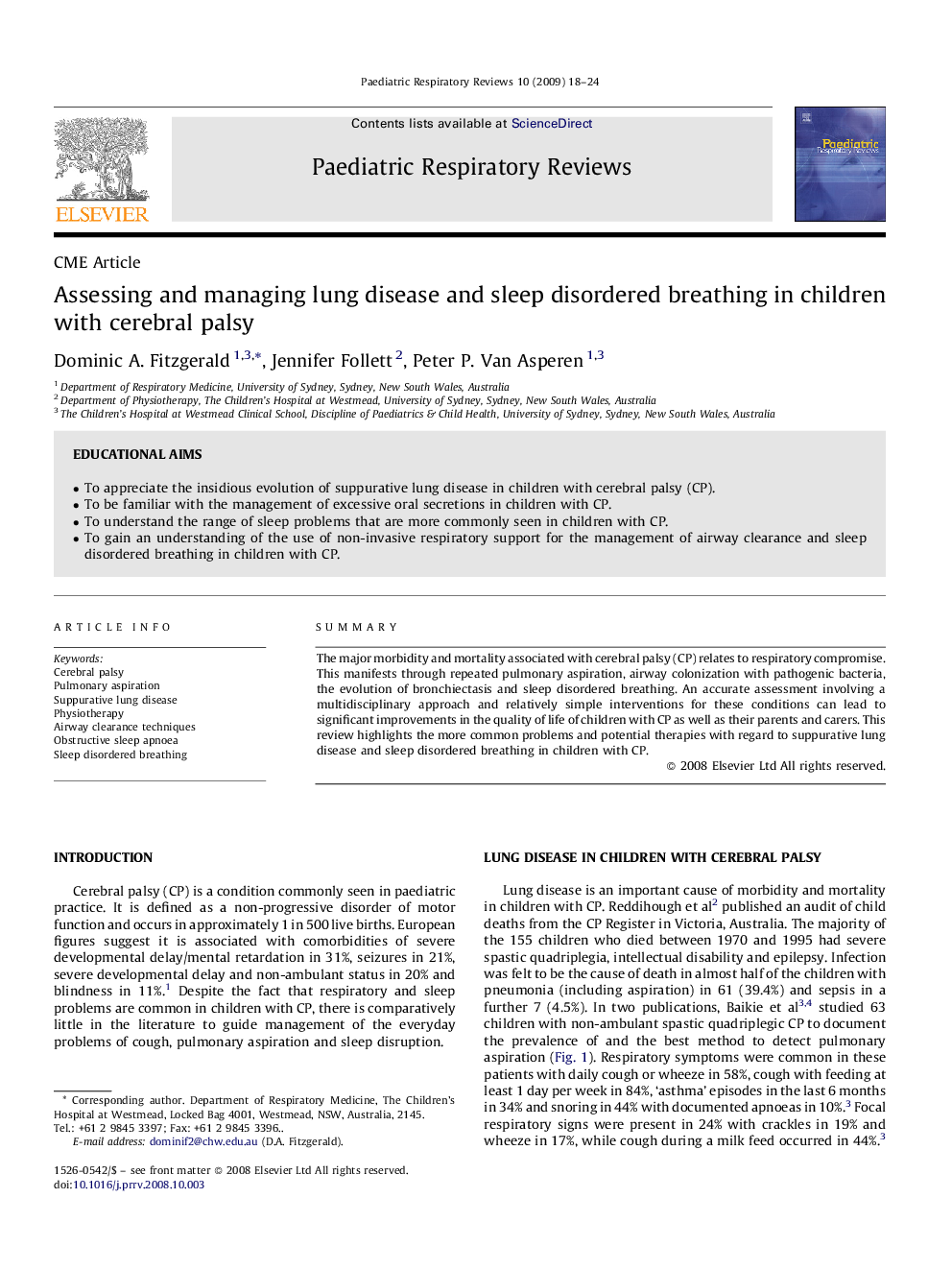 Assessing and managing lung disease and sleep disordered breathing in children with cerebral palsy